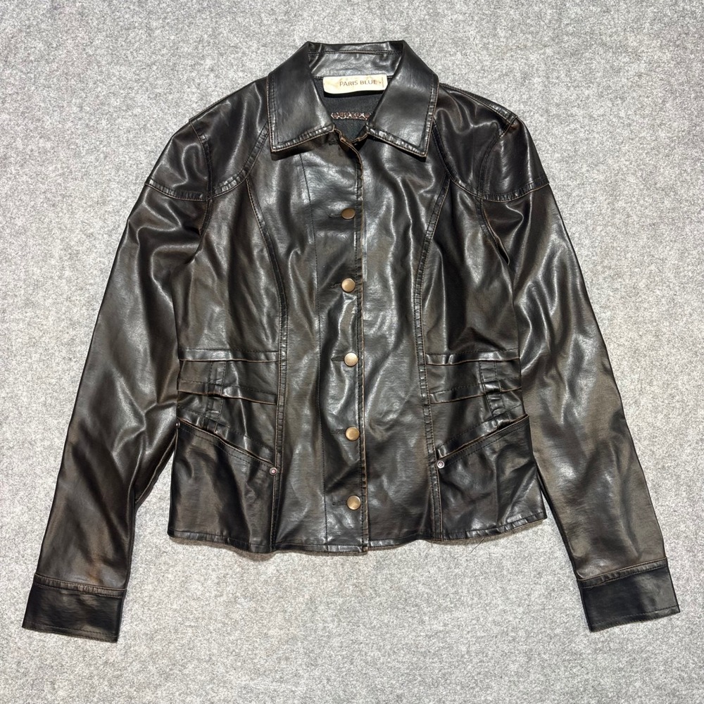 Paris Blue Brown Faux Leather Distressed Button Front Jacket Womens Medium
